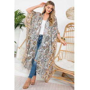 Retro 70s BOHO Bohemian Paisley Open Front Maxi Kimono Duster Cardigan Top 7563